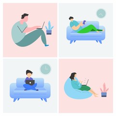 Work from home, home office. An employee works from home because of the 2019-nCoV coronavirus epidemic. Social Distancing Concept. Flat Vector Illustration Set.
