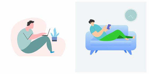 Work from home, home office. An employee works from home because of the 2019-nCoV coronavirus epidemic. Social Distancing Concept. Flat Vector Illustration Set.