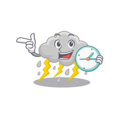 Cloud stormy mascot design concept smiling with clock