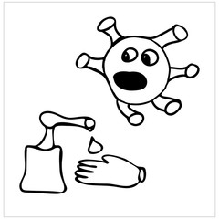 Doodle illustration that you need to wash your hands during the virus. Coronavirus is afraid of soap. Isolated on a white background in vector.