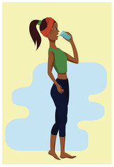 flat illustration of a  African American, sporty, young girl who drinks water from a glass