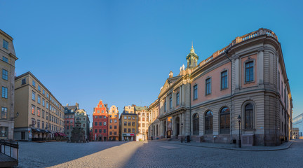 Morning view over the empty square 
Stor Torget in the old town district Gamla Stan in Stockholm at...