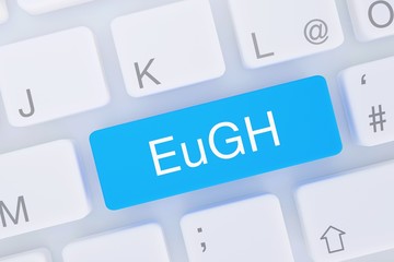 EuGH. Computer Tastatur von oben zeigt Taste mit Wort hervorgehoben. Software, Internet, Programm