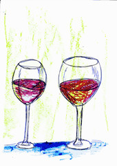 Hand drawing.glass of red wine.Set of glasses with red wine