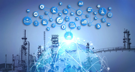 The double exposure of Industry 4.0 with Oil and gas refinery background. icons concept Technology of manufacturing and oil refining industry