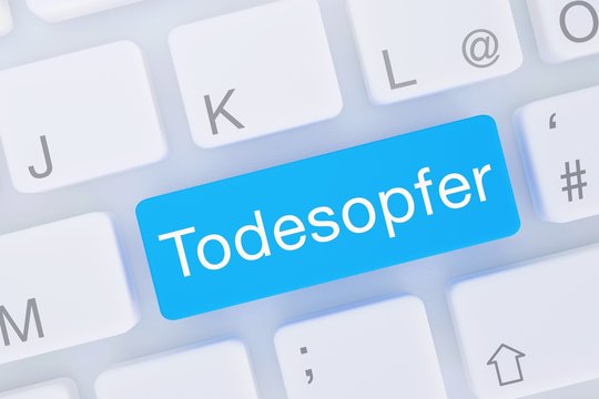 Todesopfer. Computer Tastatur von oben zeigt Taste mit Wort hervorgehoben. Software, Internet, Programm