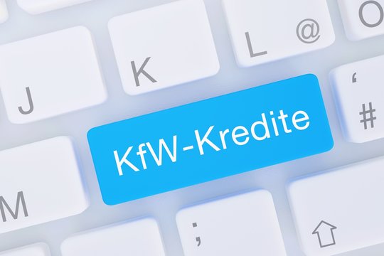 KfW-Kredite. Computer Tastatur von oben zeigt Taste mit Wort hervorgehoben. Software, Internet, Programm
