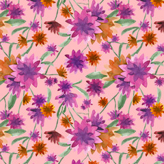 Fototapeta na wymiar watercolor illustration of vibrant flowers.seamless pattern for wallpaper and texture