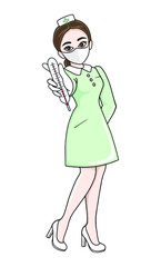 Nurse in medical mask and gloves with thermometer in hands. Thermometer reading. First medical aid. Temperature control. Vector illustration.