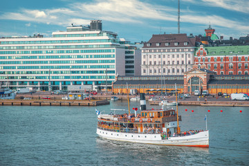 boats and embankment in the historic center of the city of Helsinki.