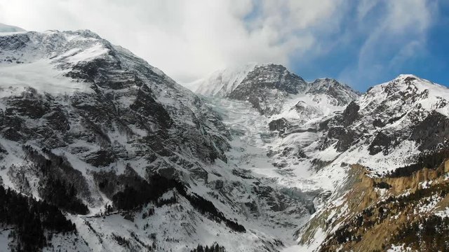 Aerial drone shot of the Glacier between Annapurna and Gangapurna Mountains in Manang valley, Nepal.