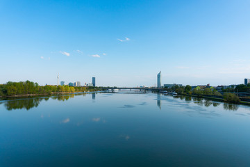 Vienna city view to danube tower and danube river.