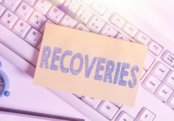 Writing note showing Recoveries. Business concept for process of regaining possession or control of...