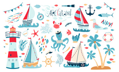 Fototapeta na wymiar Cute sea collection with sailboat, lighthouse, fish, octopus, Seagull, crab isolated on white background. A set of illustrations for the design of children's rooms and textiles. Vector