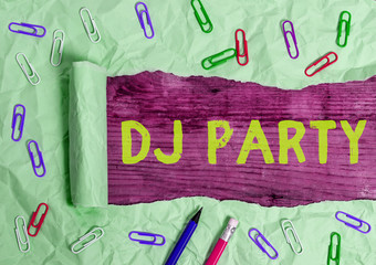 Text sign showing Dj Party. Business photo text demonstrating who introduces and plays recorded...