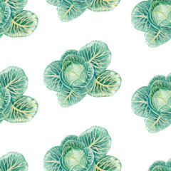 seamless pattern whole white cabbage hand-drawn isolated on a white background. Realistic head of white cabbage with green leaves. Raster square seamless illustration.