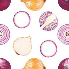 Onion whole and cut into slices isolated on white - seamless square print. Raster onion illustration in realistic style.