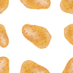 Young potatoes in a peel drawing - seamless pattern on a white background. Raster square illustration of a whole potato in a realistic style.