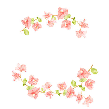 watercolor pink Bougainvillea half circle wreath frame with copy space