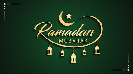Ramadan Mubarak English calligraphy text on green background with lanterns, moon, star & 3d look - obrazy, fototapety, plakaty