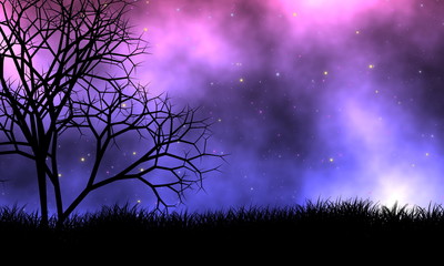 Fototapeta na wymiar Night sky background with stars field and death tree