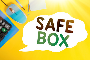 Writing note showing Safe Box. Business concept for A small structure where you can keep important or valuable things Closed envelope clip mouse calculator pencil note colored background