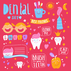 Kids oral care vector set. Dental hygiene for child - icons. Vector hand drawn isolated concept. 