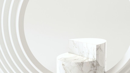 3D Rendering - Illustration white marble pedestal isolated on white background, modern minimal concept, empty stage, abstract geometry shape pastel color, Cosmetic background for product presentation.