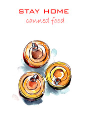 Watercolor illustration on the theme of world self-isolation-food, canned food, long-term storage products