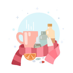 Flu treatment at home. Flat illustration of a cup, medicine, pills, scarf on a white background. Colds and therapy. Vector picture for postcards, banners and your creativity.