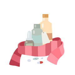 Flu treatment at home. Flat illustration of medicine, pills, scarf on a white background. Colds and therapy. Medicines and balms. Vector picture for postcards, banners and your creativity.