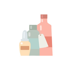 Medicines and balms. Flat illustration of bottles with elixirs and labels. Prescription medicine. Vector glass bottles on a white background for your design.