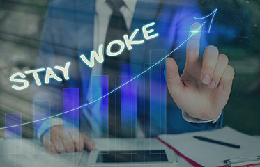 Conceptual hand writing showing Stay Woke. Concept meaning being aware of your surroundings and...