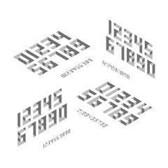 Set of basic numbers in isometric style with the effect of depth at different angles. Minimalistic flat design in shades of gray. 3D rendering.