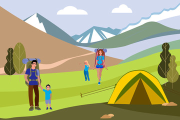 Vector template with tourists. A happy family goes hiking in the mountains. Hiking.