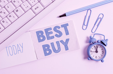 Writing note showing Best Buy. Business concept for most advantageous combination of cost and...