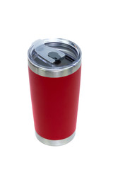 Red colour stainless steel tumbler or cold and hot storage cup isolated on white background.