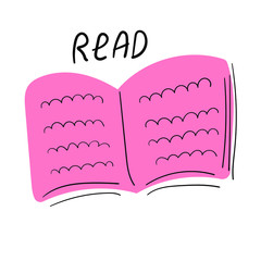 Hand drawn pink book with text read. Flat vector illustration.