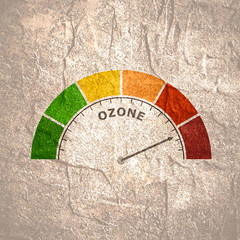 Abstract meter read level of ozone result. Color scale with arrow. The measuring device icon. Colorful infographic gauge element.