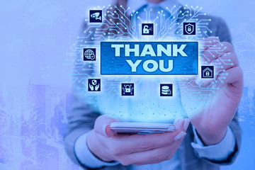 Conceptual hand writing showing Thank You. Concept meaning replaying on something good or greetings...