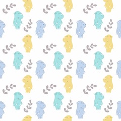 Seamless children's background with hippos and twigs. Children's illustration of a Hippo. Animals of Africa and the Savanna. Pattern for clothing, textiles, fabrics, Wallpaper, children's room, websit