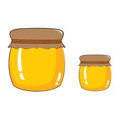 A jar of honey on a white background. Children's illustration of delicious honey. Home-made food. Children's book, clothing, postcard, poster, logo, element, clipart, design, business card