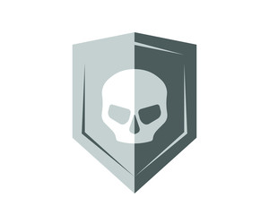 Skull on a silver shield logo icon image.
