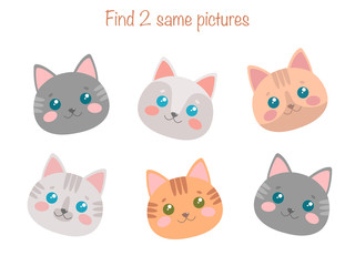 Find the same pictures - children educational game with cute cats. Vector illustration