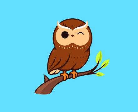 The cute owl winks and sits on a branch. Vector logo, cartoon character, logotype