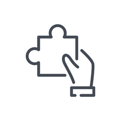 Solution line icon. Hand with puzzle vector outline sign.