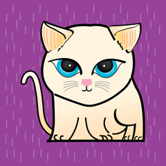 Cat Illustration clipart. A light coloured cat has a round blue eyes. It is on a purple background. Hand draw art..