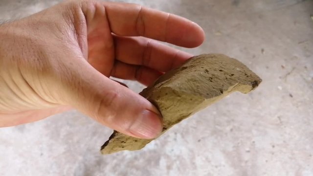 Shale stone in a hand. Shale is a fine-grained sedimentary rock generated from the compaction of silt and clay-size mineral particles.