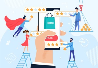 Brand Rating and Reputation Management Metaphor. Huge Human Hand Holding Phone with Trademark Logotype. Client, Viewer, User Giving Feedback. Customer Experience Optimization. Vector Illustration