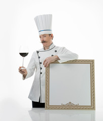 Wine steward or waiter with a wineglass and blank board to fill the menu. Place for text. Restaurant or cafe menu